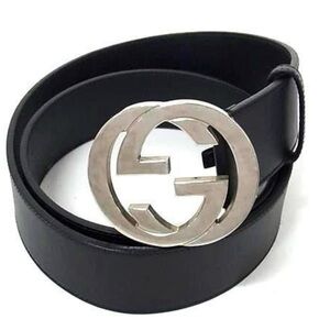 Gucci Silver GG Black Leather Belt